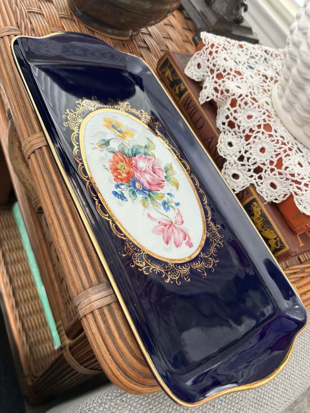 French Cobalt Blue Gold Floral Tray